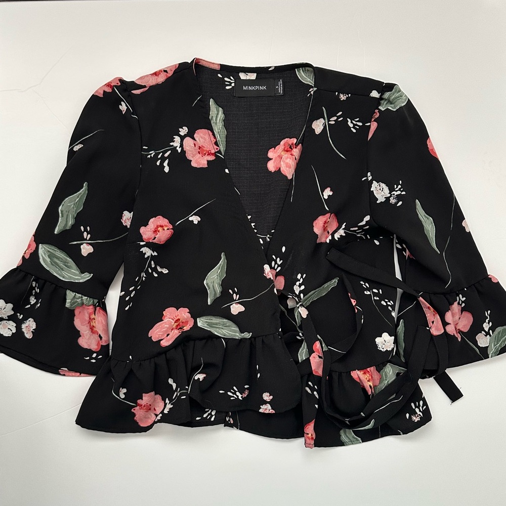 MINKPINK Black Floral Wrap Top